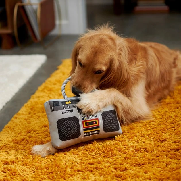 Frisco Retro Boombox Plush with Rope Squeaky Dog Toy 5 Frisco Retro Boombox Plush with Rope Squeaky Dog Toy - Image 3