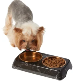 Frisco Copper Stainless Steel Double Dog & Cat Bowls with Black Marble Stand, 0.75 Cups
