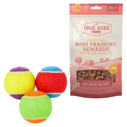 Frisco||True Acre Foods Frisco Fetch Squeaking Colorful Tennis Ball Dog Toy & True Acre Foods Salmon Recipe Mini-Training Rewards Grain-Free Soft & Chewy Dog Treats