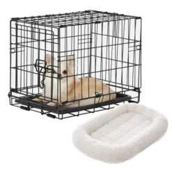 Frisco Fold & Carry Single Door Collapsible Wire Dog Crate & Frisco Quilted Dog Crate Mat, Ivory