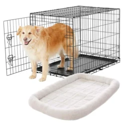 Frisco Fold & Carry Single Door Collapsible Wire Dog Crate, 36 inch & Frisco Quilted Dog Crate Mat, Ivory, 36-in