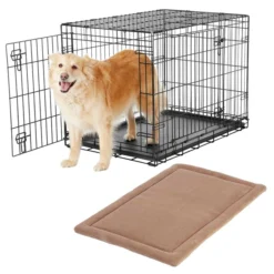 Frisco Heavy Duty Fold & Carry Double Door Collapsible Wire Dog Crate & Frisco Micro Terry Dog Crate Mat, Taupe