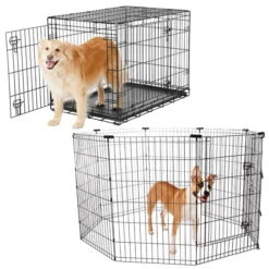 Frisco Heavy Duty Fold & Carry Double Door Collapsible Wire Dog Crate & Frisco Wire Dog Exercise Pen with Step-Through Door, Black