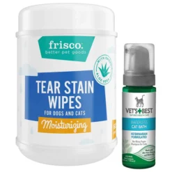 Frisco||Vet's Best Frisco Moisturizing Tear Stain Wipes with Organic Aloe for Dogs & Cats & Vet's Best Waterless Cat Bath, 4-oz bottle
