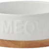 Frisco Round Meow Non-skid Ceramic Cat Bowl with Wood Base, 1.25 cups