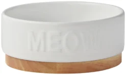 Frisco Round Meow Non-skid Ceramic Cat Bowl with Wood Base, 1.25 cups