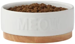 Frisco Round Meow Non-skid Ceramic Cat Bowl with Wood Base, 1.25 cups -FRISCO Sales 256078 PT3. SY630 V1615313181