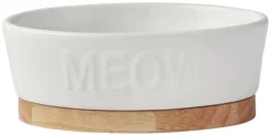 Frisco Oval Meow Non-skid Ceramic Cat Bowl with Wood Base, 1 Cup