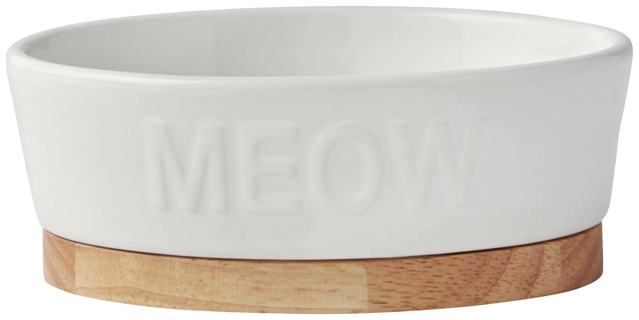 Frisco Oval Meow Non-skid Ceramic Cat Bowl with Wood Base, 1 Cup 3 Frisco Oval Meow Non-skid Ceramic Cat Bowl with Wood Base, 1 Cup
