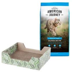 American Journey||Frisco American Journey Salmon Recipe Grain-Free Dry Cat Food, 12-lb bag + Frisco Step-In Cat Scratcher Toy with Catnip, Tropical Palms
