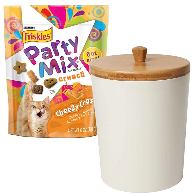 Friskies||Frisco Friskies Party Mix Crunch Cheezy Craze Cat Treats, 6-oz bag + Frisco Melamine Dog & Cat Treat Jar with Bamboo Lid, 8 Cups 3 Friskies||Frisco Friskies Party Mix Crunch Cheezy Craze Cat Treats, 6-oz bag + Frisco Melamine Dog & Cat Treat Jar with Bamboo Lid, 8 Cups