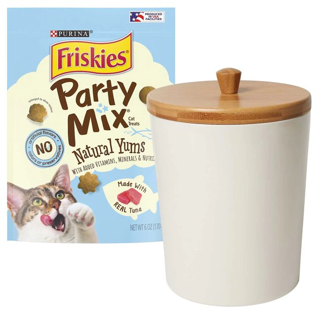 Friskies||Frisco Friskies Party Mix Natural Yums with Real Tuna Cat Treats, 6-oz bag + Frisco Melamine Dog & Cat Treat Jar with Bamboo Lid, 8 Cups 3 Friskies||Frisco Friskies Party Mix Natural Yums with Real Tuna Cat Treats, 6-oz bag + Frisco Melamine Dog & Cat Treat Jar with Bamboo Lid, 8 Cups