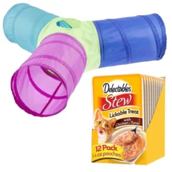 Hartz||Frisco Hartz Delectables Stew Chicken & Tuna Lickable Cat Treat, 1.4-oz, case of 12 + Frisco Peek-a-Boo Cat Chute Cat Toy, Colorful Tri-Tunnel