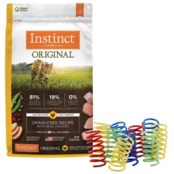 Instinct||Frisco Instinct Original Grain-Free Recipe with Real Chicken Freeze-Dried Raw Coated Dry Cat Food, 11-lb bag + Frisco Colorful Springs Cat Toy, 10 count