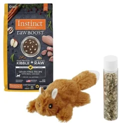 Instinct||Frisco Instinct Raw Boost Grain-Free Recipe with Real Chicken & Freeze-Dried Raw Coated Pieces Dry Cat Food, 10-lb bag + Frisco Refillable Catnip Cat Toy, Brown Squirrel