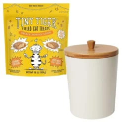 Tiny Tiger||Frisco Tiny Tiger Chicken Chompers Flavor Filled Cat Treats, 16-oz bag + Frisco Melamine Dog & Cat Treat Jar with Bamboo Lid, 8 Cups