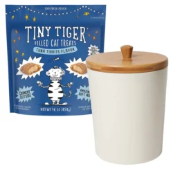 Tiny Tiger||Frisco Tiny Tiger Tuna Tidbits Flavor Filled Cat Treats, 16-oz bag + Frisco Melamine Dog & Cat Treat Jar with Bamboo Lid, 8 Cups
