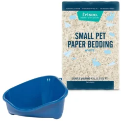 Frisco Corner Litter Box, Navy, Small + Small Animal Bedding, White