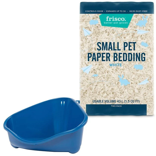 Frisco Corner Litter Box, Navy, Small + Small Animal Bedding, White 3 Frisco Corner Litter Box, Navy, Small + Small Animal Bedding, White
