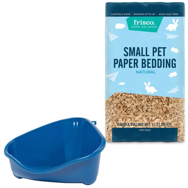 Frisco Corner Litter Box, Navy, X-Small + Small Animal Bedding, Natural 3 Frisco Corner Litter Box, Navy, X-Small + Small Animal Bedding, Natural