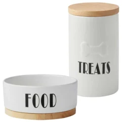 Frisco Ceramic Dog Bowl with Wood Base, 2.5 Cups + Treat Jar, 4 Cups