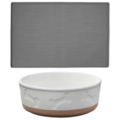 Frisco Silicone Food Mat, Gray, Large + Bones Non-skid Ceramic Dog Bowl