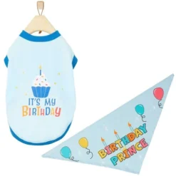 Frisco Birthday Prince Bandana, Medium/Large + Dog & Cat T-Shirt, Blue
