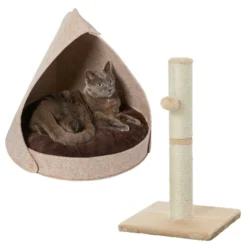 Frisco 21-in Sisal Scratching Post with Toy, Cream + Felt Removable Hood Cave Cat & Dog Covered Bed, Brown