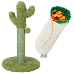Frisco Cactus Cat Scratching Post, 22-in + Plush Squeaking Burrito Dog Toy