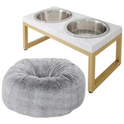 Frisco Plush Pouf Pillow Bed, Large + Marble Print Stainless Steel Double Elevated Dog Bowl, 3 Cups, Gold Stand