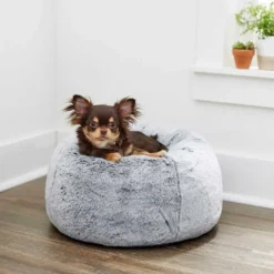 Frisco Plush Pouf Pillow Bed, Large + Marble Print Stainless Steel Double Elevated Dog Bowl, 3 Cups, Gold Stand -FRISCO Sales 303534 PT4. SY630 V1625176786