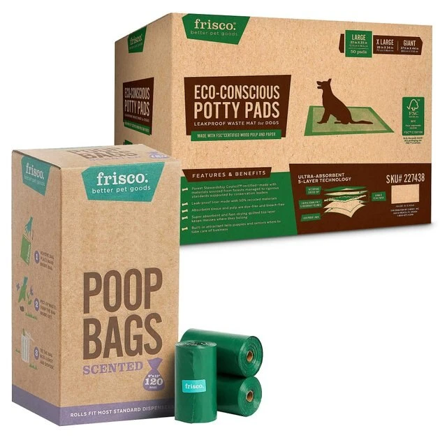 Frisco Refill Poop Bags, Scented, 120 count + Eco-Conscious Dog Training & Potty Pads, 22 x 23-in, 50 count, Unscented 3 Frisco Refill Poop Bags, Scented, 120 count + Eco-Conscious Dog Training & Potty Pads, 22 x 23-in, 50 count, Unscented