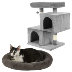 Frisco Self Warming Bolster Round Bed, Gray + 33-in Faux Fur Cat Tree & Condo, Gray
