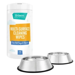 Frisco Stainless Steel Bowl, 4.75-cup, 2 count + Pet Toy & Bowl Cleaning Wipes