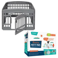 Frisco 4-Panel Plastic Exercise Playpen, Gray + Dog Training & Potty Pads, 22 x 23-in, 150 count, Unscented
