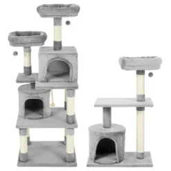 Frisco 61-in Faux Fur Tree & Condo, Gray + 38-in Cat Tree & Condo, Top Perch & Toy, Gray