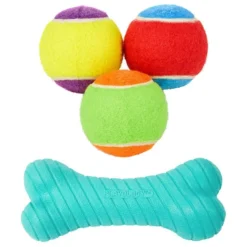 Frisco||Playology Frisco Fetch Squeaking Colorful Tennis Ball, 3-Pack + Playology All Natural Dual Layer Bone Dog Toy, Large, Peanut Butter Scented
