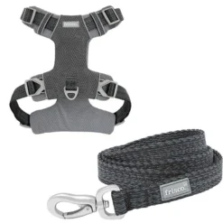 Frisco Outdoor Lightweight Ripstop Nylon Harness, Storm Gray, Large, Neck: 18 to 28-in, Girth 24 to 34-in + Heathered Dog Leash, Midnight Black, LG - Length: 6-ft, Width: 1-in