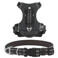 Frisco Outdoor Premium Ripstop Nylon Harness with Pocket, Midnight Black, XL - Girth: 32-44-in + Reflective Comfort Padded Dog Collar, Midnight Black, LG, Neck: 18 -26-in, Width: 1-in