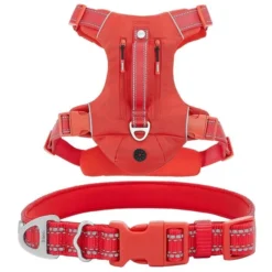 Frisco Outdoor Premium Ripstop Nylon Harness with Pocket, Sunset Orange, Large, Neck: 18 to 28-in, Girth 24 to 34-in + Reflective Comfort Padded Dog Collar, Sunset Orange, Large, Neck: 18 -26-in, Width: 1-in