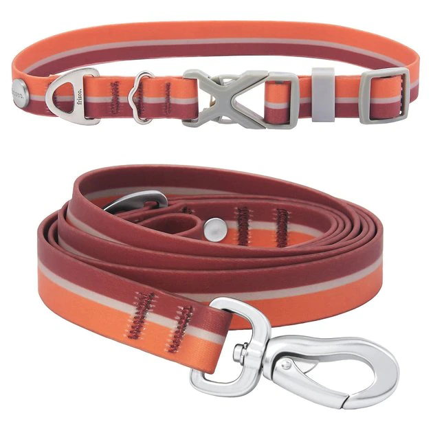 Frisco Outdoor Two Toned Waterproof Stink Proof PVC Collar, Flamepoint Orange, Extra Small, Neck: 8-12-in, Width: 5/8th -in + Dog Leash, Sunset Orange, Small - Length: 6-ft, Width: 5/8-in 3 Frisco Outdoor Two Toned Waterproof Stink Proof PVC Collar, Flamepoint Orange, Extra Small, Neck: 8-12-in, Width: 5/8th -in + Dog Leash, Sunset Orange, Small - Length: 6-ft, Width: 5/8-in