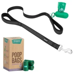 Frisco Traffic Leash with Padded Handles & Poop Bag Dispenser, Black, Length: 4-ft, Width: 1-in + Refill Dog Poop Bags, Scented, 120 count