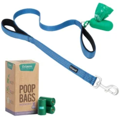 Frisco Traffic Leash with Padded Handles & Poop Bag Dispenser, Blue, Length: 4-ft, Width: 1-in + Refill Dog Poop Bags, Scented, 120 count