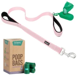 Frisco Traffic Leash with Padded Handles & Poop Bag Dispenser, Pink, Length: 4-ft, Width: 1-in + Refill Dog Poop Bags, Scented, 120 count