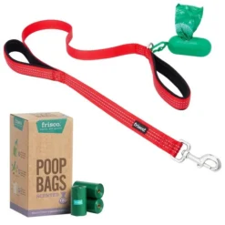 Frisco Traffic Leash with Padded Handles & Poop Bag Dispenser, Red, Length: 4-ft, Width: 1-in + Refill Dog Poop Bags, Scented, 120 count
