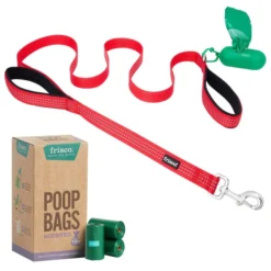 Frisco Traffic Leash with Padded Handles & Poop Bag Dispenser, Red, Length: 6ft, Width: 1-in + Refill Dog Poop Bags, Scented, 120 count